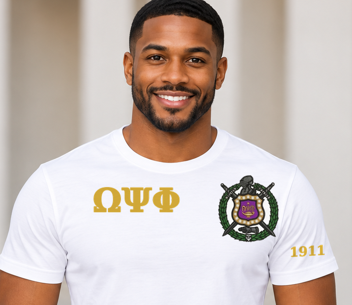 Omega Psi Phi White classic printed T-shirt — model close-up
