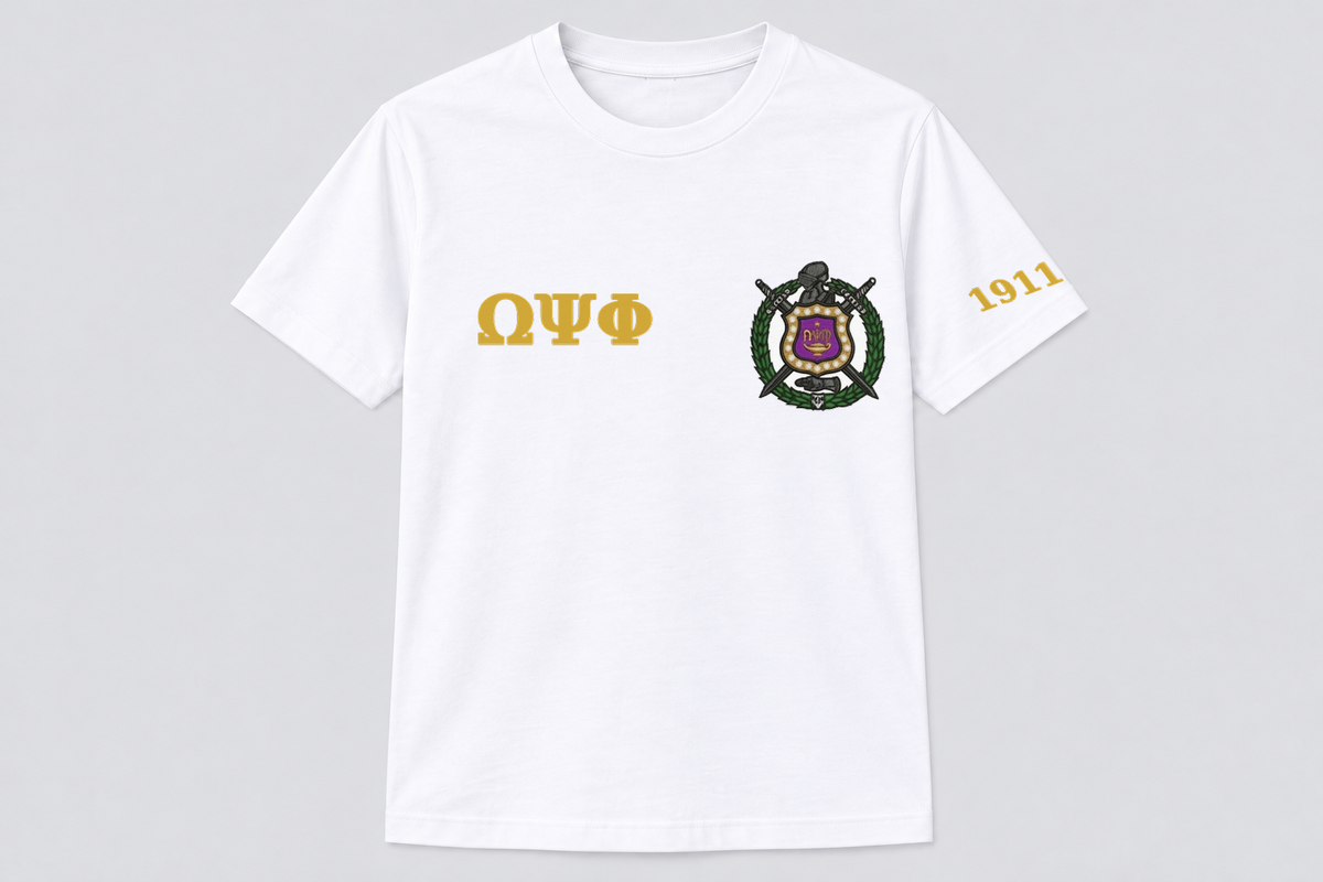 Omega Psi Phi White classic printed T-shirt — shirt-only mockup