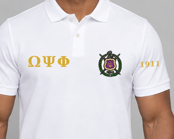 Omega Psi Phi premium embroidered white solid polo on model - chest embroidery close-up
