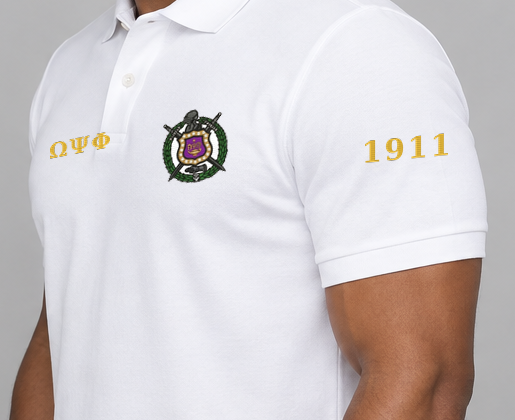 Omega Psi Phi premium embroidered white solid polo on model - founding year sleeve detail