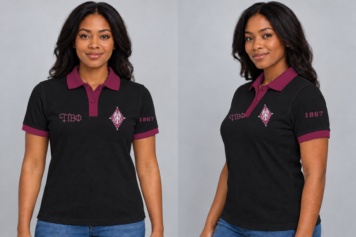 Pi Beta Phi premium embroidered black solid contrast trim polo on model - front and side