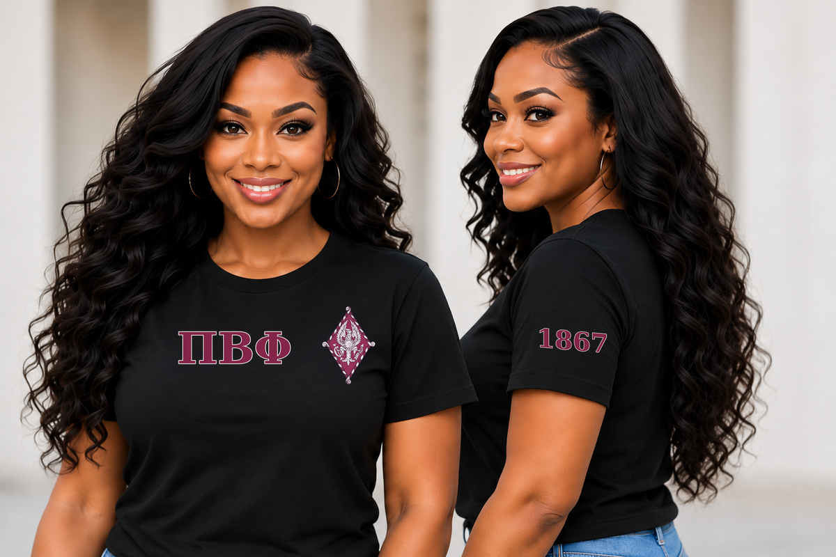 Pi Beta Phi Black classic printed T-shirt — model front and side