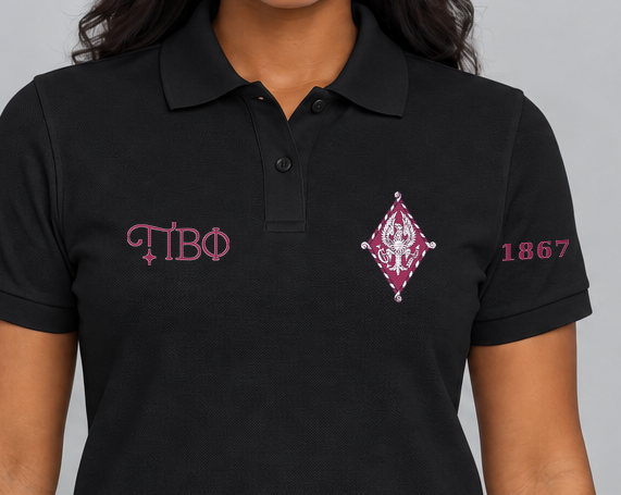 Pi Beta Phi premium embroidered black solid polo on model - chest embroidery close-up