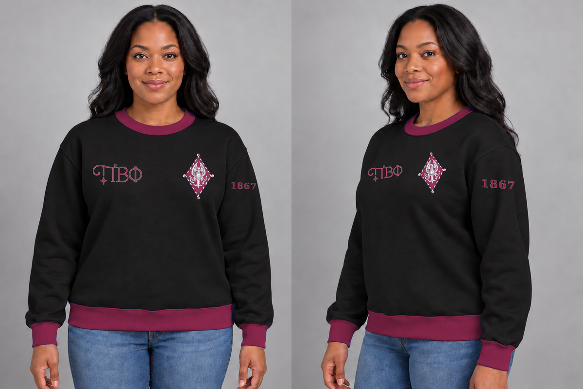 Pi Beta Phi premium embroidered black solid contrast trim crewneck sweatshirt on model - front and side