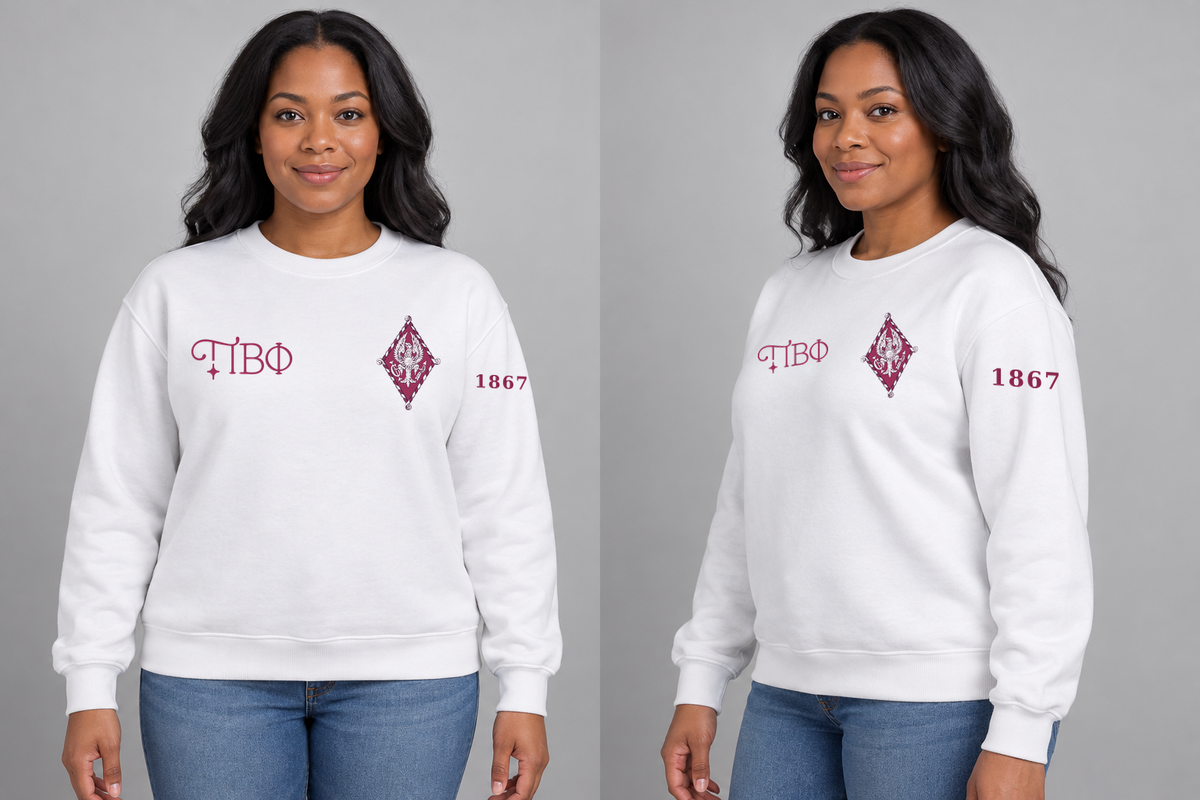 Pi Beta Phi premium embroidered white solid crewneck sweatshirt on model - front and side