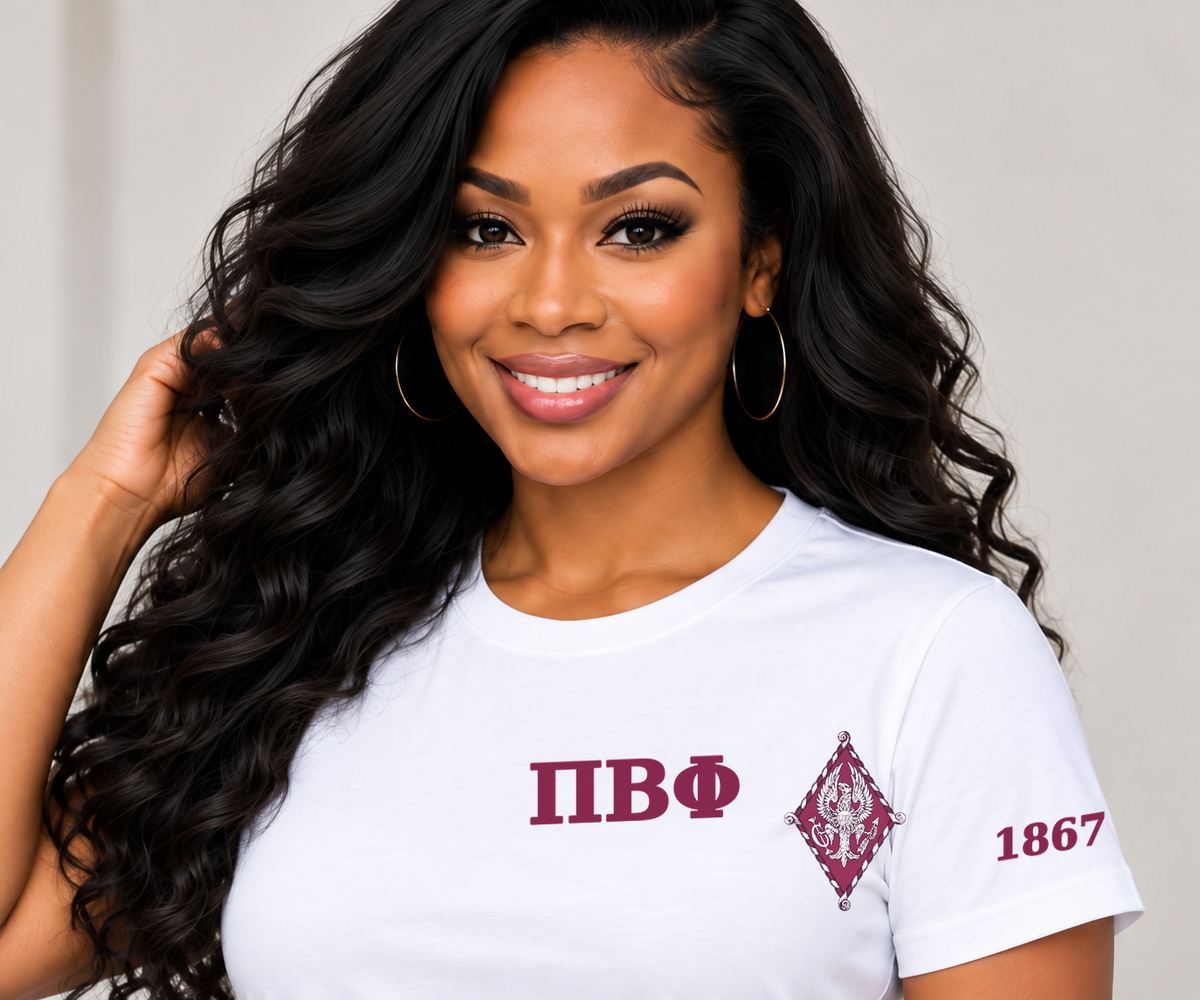 Pi Beta Phi White classic printed T-shirt — model close-up