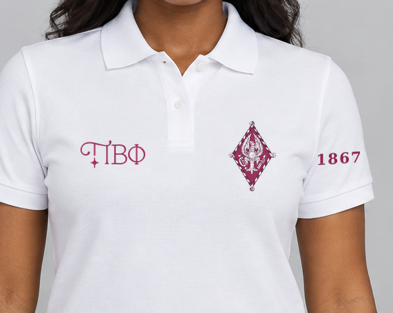 Pi Beta Phi premium embroidered white solid polo on model - chest embroidery close-up