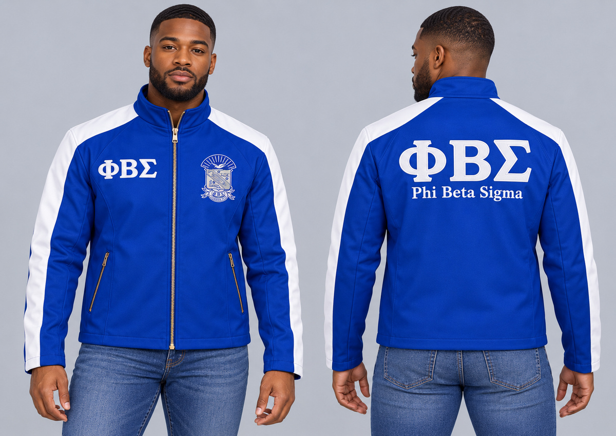 Black man modeling Phi Beta Sigma royal blue and white custom embroidered contrast racing jacket, front and back views.