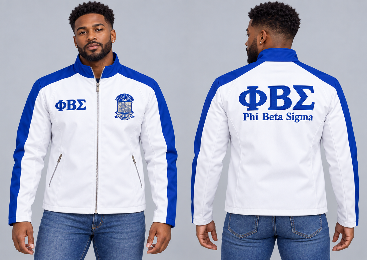 Black man modeling Phi Beta Sigma white and royal blue custom embroidered contrast racing jacket, front and back views.