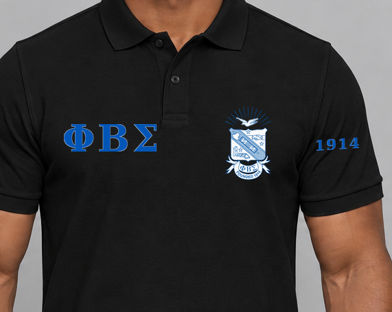 Phi Beta Sigma premium embroidered black solid polo on model - chest embroidery close-up