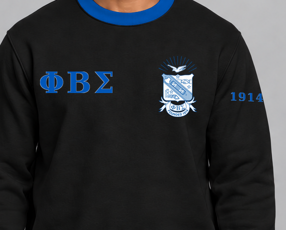 Phi Beta Sigma premium embroidered black solid contrast trim crewneck sweatshirt on model - chest embroidery close-up