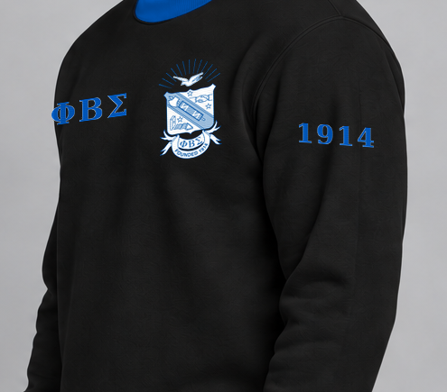 Phi Beta Sigma premium embroidered black solid contrast trim crewneck sweatshirt on model - founding year sleeve detail
