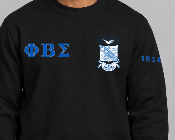 Phi Beta Sigma premium embroidered black solid crewneck sweatshirt on model - chest embroidery close-up