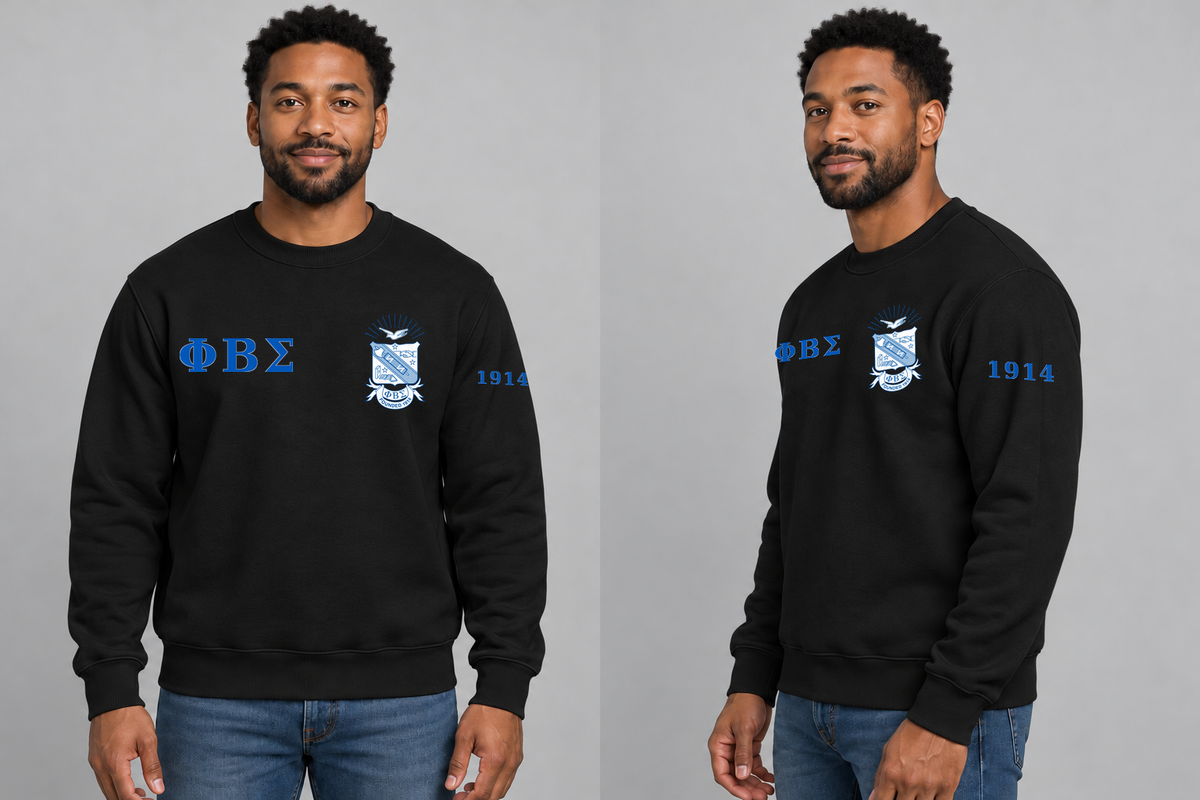 Phi Beta Sigma premium embroidered black solid crewneck sweatshirt on model - front and side
