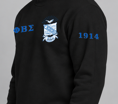 Phi Beta Sigma premium embroidered black solid crewneck sweatshirt on model - founding year sleeve detail
