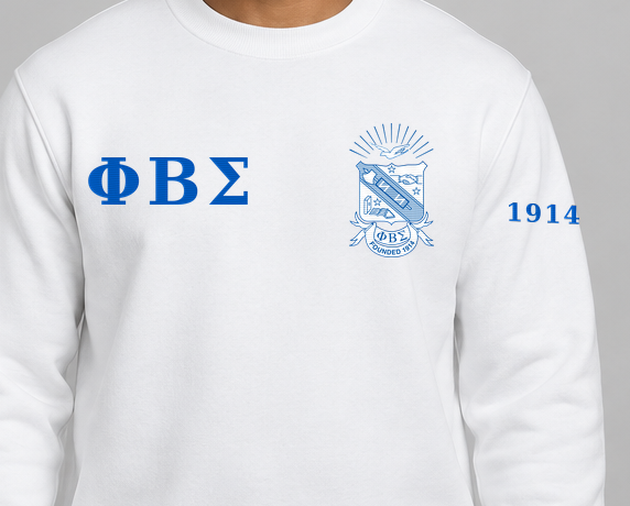Phi Beta Sigma premium embroidered white solid crewneck sweatshirt on model - chest embroidery close-up