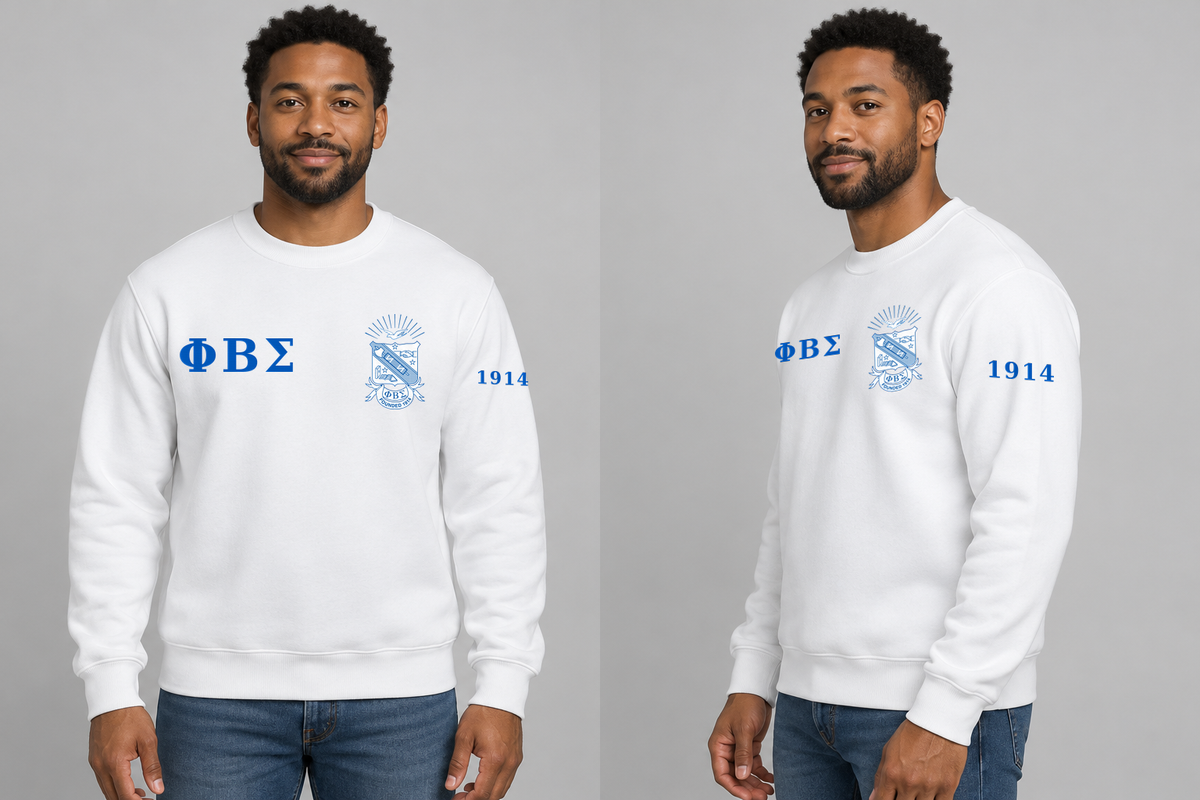 Phi Beta Sigma premium embroidered white solid crewneck sweatshirt on model - front and side