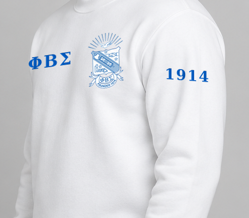 Phi Beta Sigma premium embroidered white solid crewneck sweatshirt on model - founding year sleeve detail