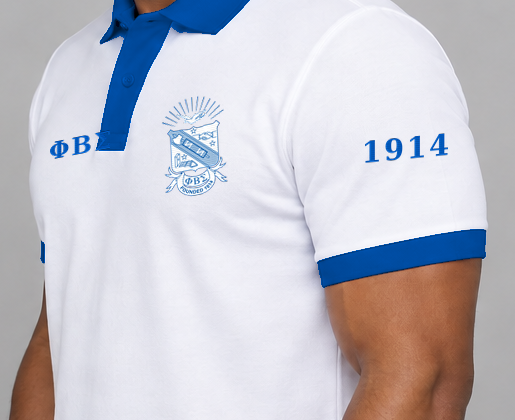 Phi Beta Sigma premium embroidered white solid contrast trim polo on model - founding year sleeve detail