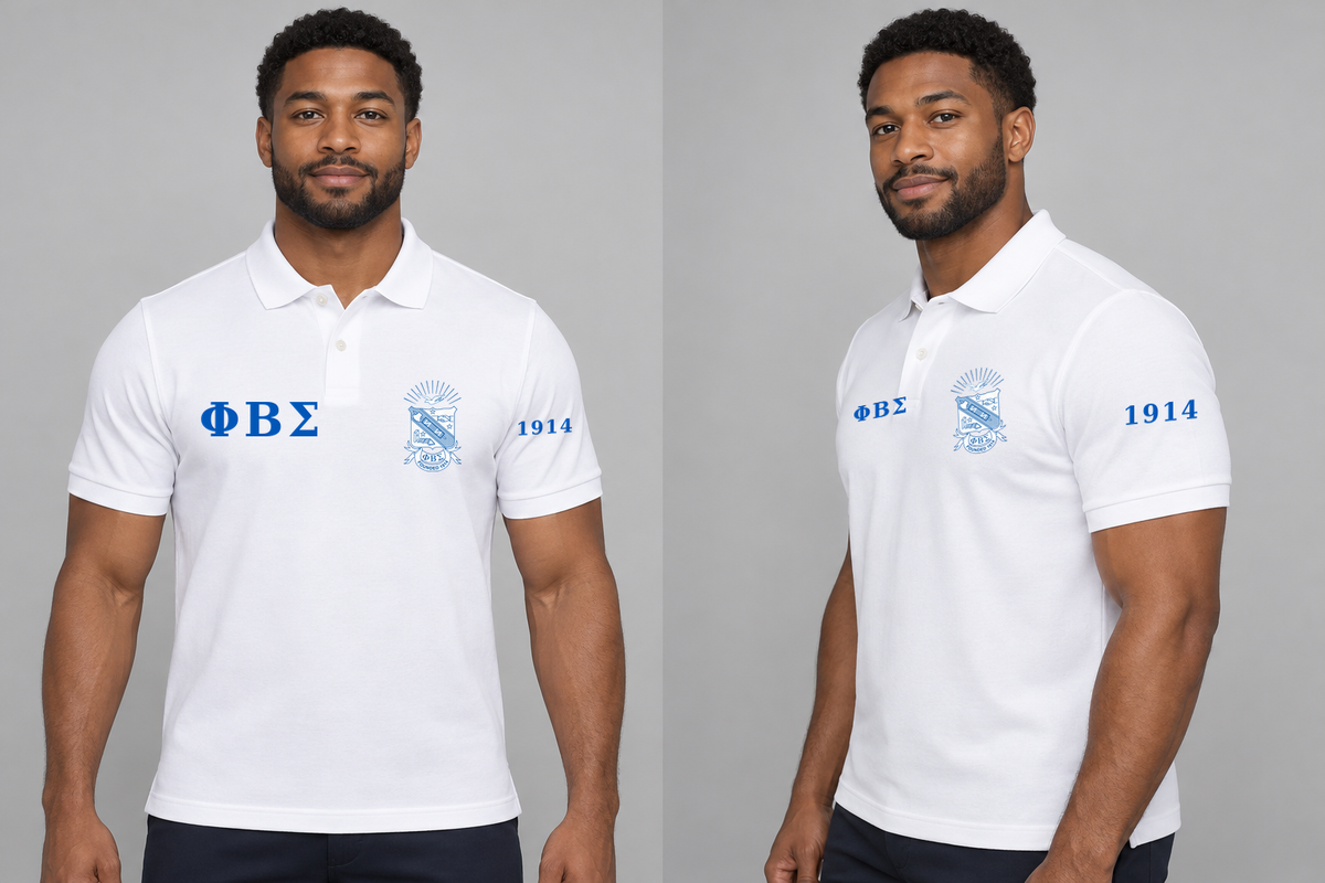 Phi Beta Sigma premium embroidered white solid polo on model - front and side