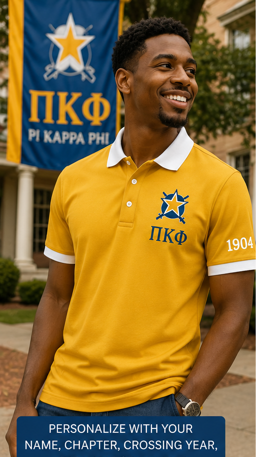 2 Tone Gold & White Pi Kappa Phi Custom Embroidered Polo Shirt – Personalized