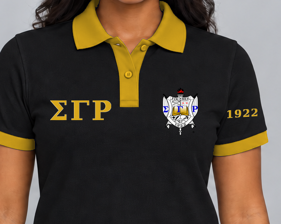 Sigma Gamma Rho premium embroidered black solid contrast trim polo on model - chest embroidery close-up