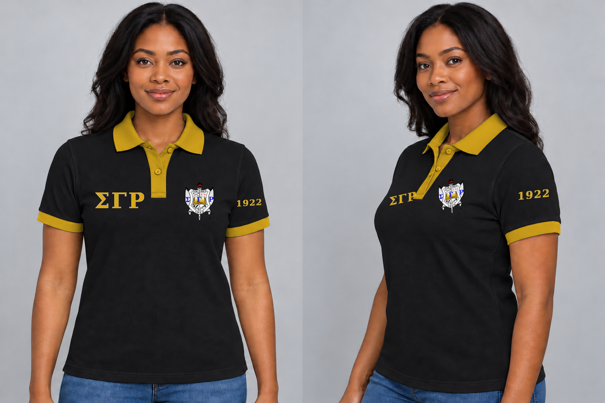 Sigma Gamma Rho premium embroidered black solid contrast trim polo on model - front and side