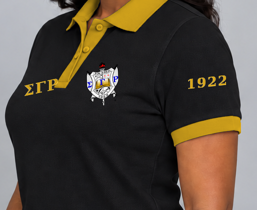 Sigma Gamma Rho premium embroidered black solid contrast trim polo on model - founding year sleeve detail