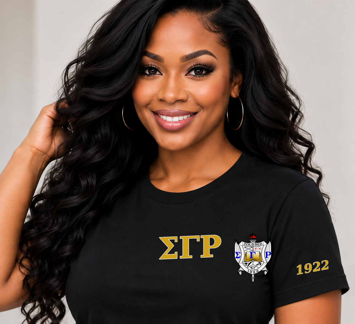 Sigma Gamma Rho Black classic printed T-shirt — model close-up