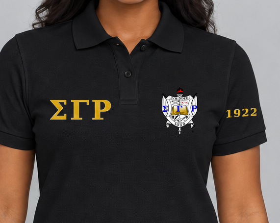 Sigma Gamma Rho premium embroidered black solid polo on model - chest embroidery close-up