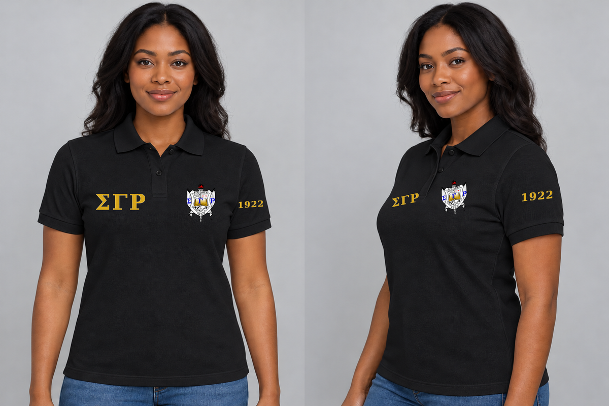 Sigma Gamma Rho premium embroidered black solid polo on model - front and side