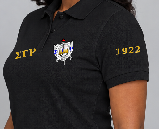 Sigma Gamma Rho premium embroidered black solid polo on model - founding year sleeve detail