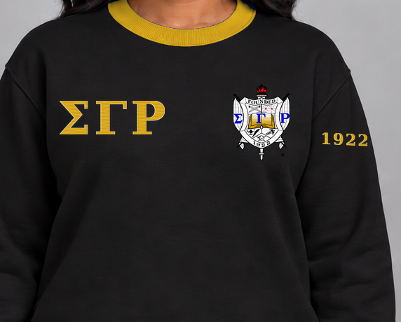 Sigma Gamma Rho premium embroidered black solid contrast trim crewneck sweatshirt on model - chest embroidery close-up