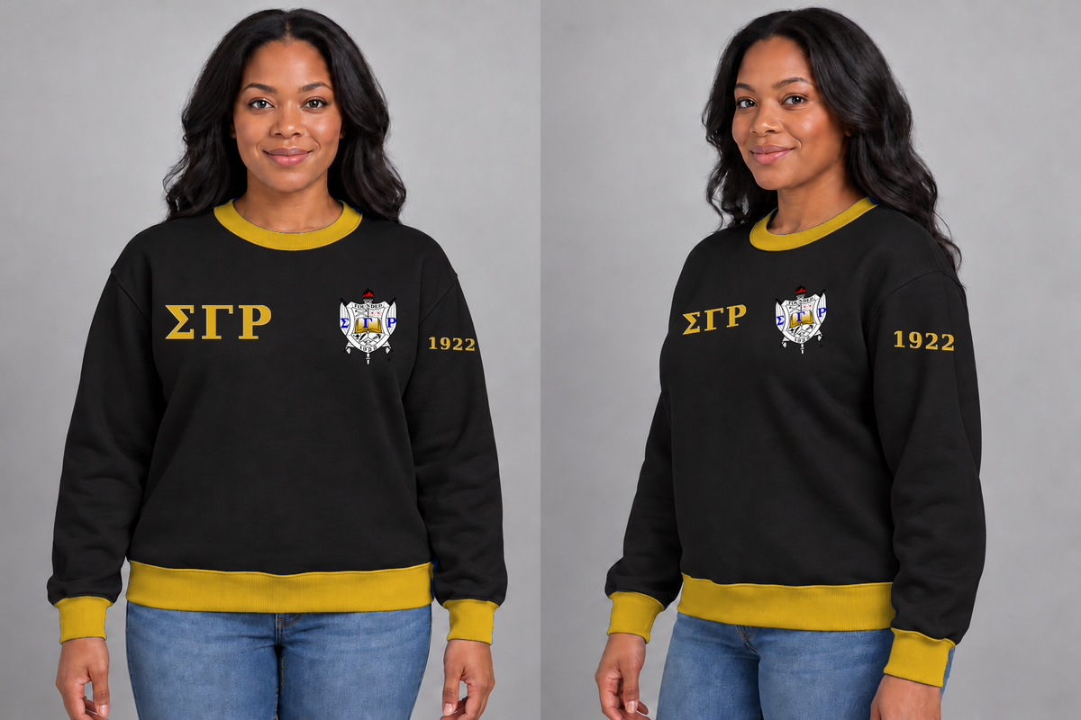 Sigma Gamma Rho premium embroidered black solid contrast trim crewneck sweatshirt on model - front and side