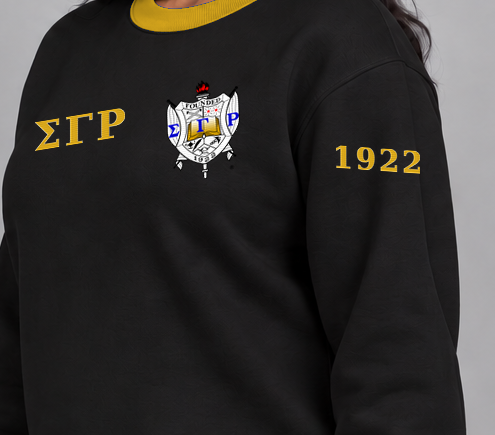 Sigma Gamma Rho premium embroidered black solid contrast trim crewneck sweatshirt on model - founding year sleeve detail