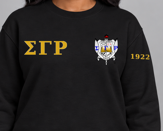 Sigma Gamma Rho premium embroidered black solid crewneck sweatshirt on model - chest embroidery close-up