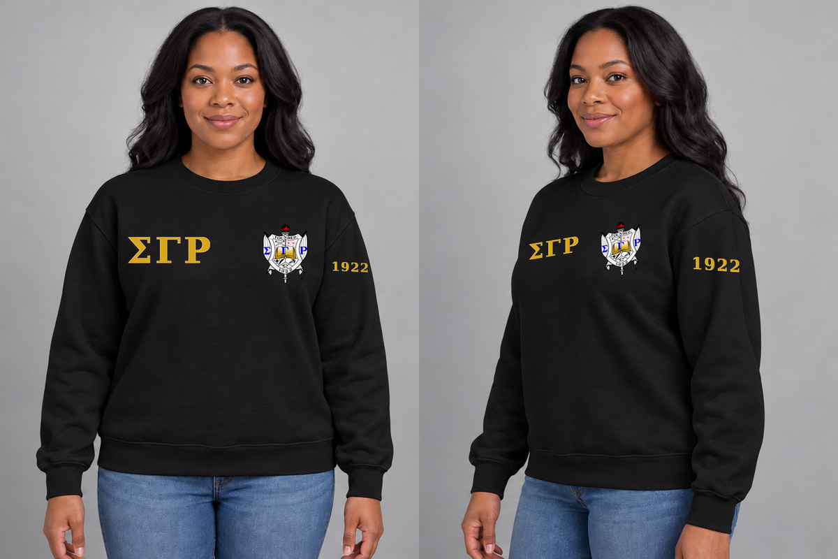 Sigma Gamma Rho premium embroidered black solid crewneck sweatshirt on model - front and side