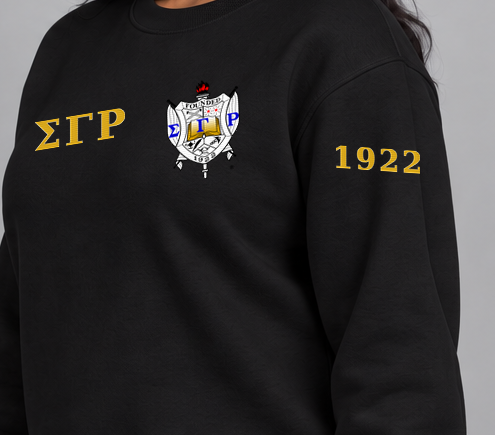 Sigma Gamma Rho premium embroidered black solid crewneck sweatshirt on model - founding year sleeve detail