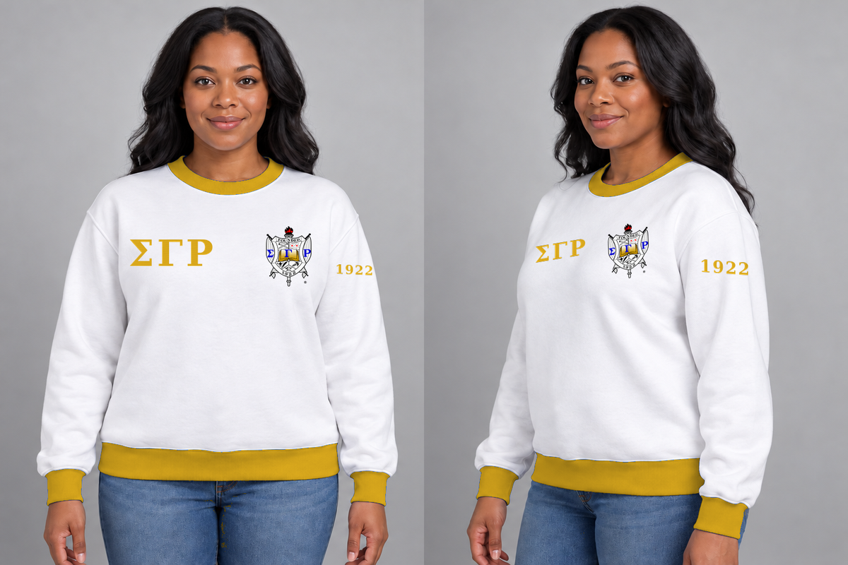 Sigma Gamma Rho premium embroidered white solid contrast trim crewneck sweatshirt on model - front and side