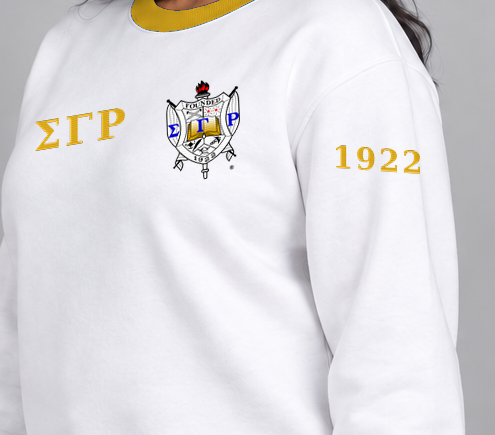 Sigma Gamma Rho premium embroidered white solid contrast trim crewneck sweatshirt on model - founding year sleeve detail