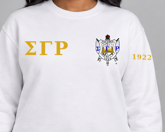 Sigma Gamma Rho premium embroidered white solid crewneck sweatshirt on model - chest embroidery close-up