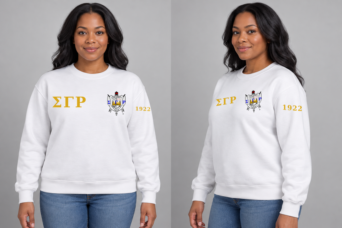 Sigma Gamma Rho premium embroidered white solid crewneck sweatshirt on model - front and side