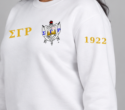 Sigma Gamma Rho premium embroidered white solid crewneck sweatshirt on model - founding year sleeve detail