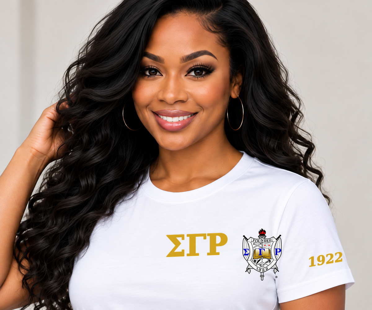 Sigma Gamma Rho White classic printed T-shirt — model close-up