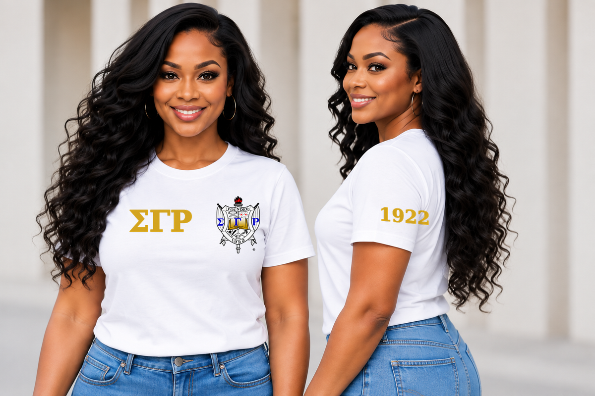 Sigma Gamma Rho White classic printed T-shirt — model front and side