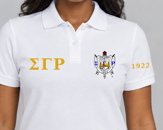 Sigma Gamma Rho premium embroidered white solid polo on model - chest embroidery close-up