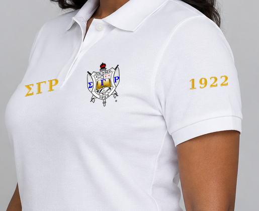 Sigma Gamma Rho premium embroidered white solid polo on model - founding year sleeve detail