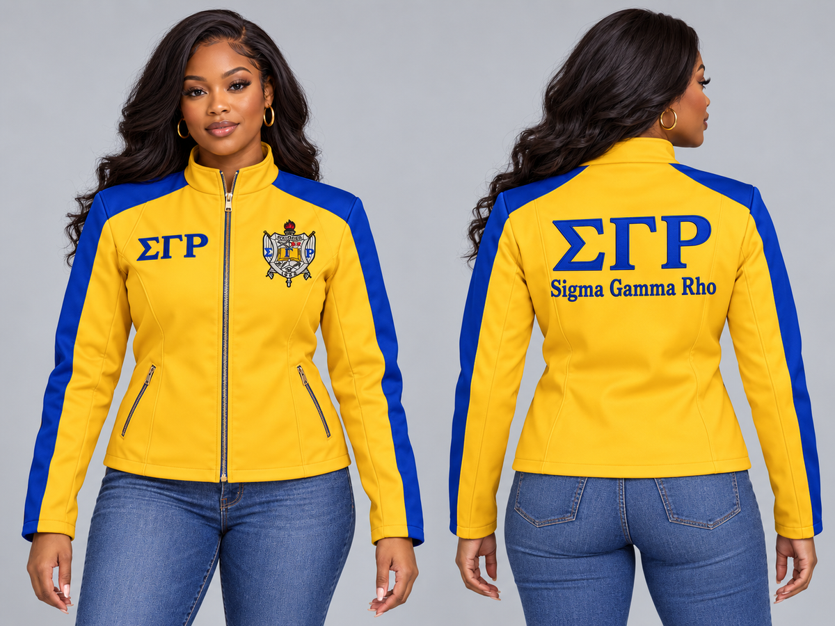 Black woman modeling SGRho gold and royal blue custom embroidered contrast racing jacket, front and back views.