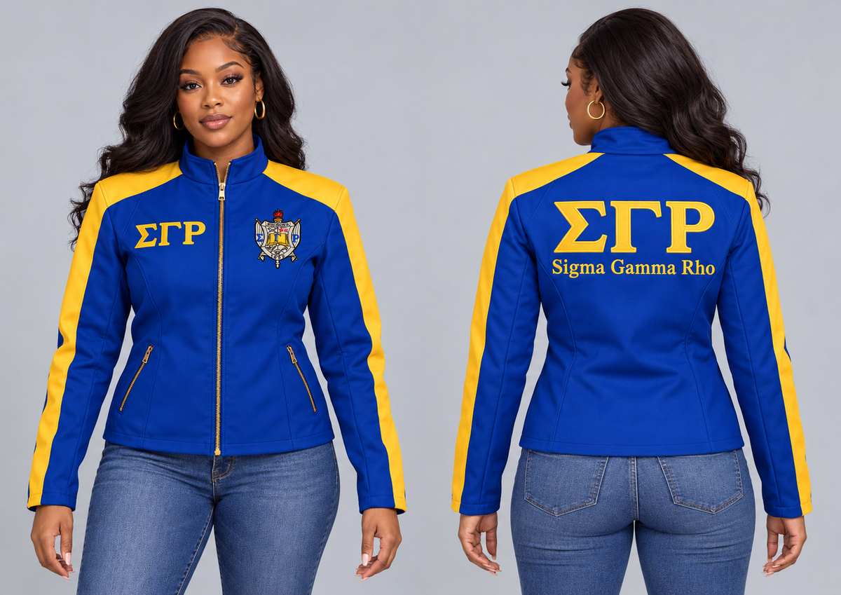 Black woman modeling SGRho royal blue and gold custom embroidered contrast racing jacket, front and back views.