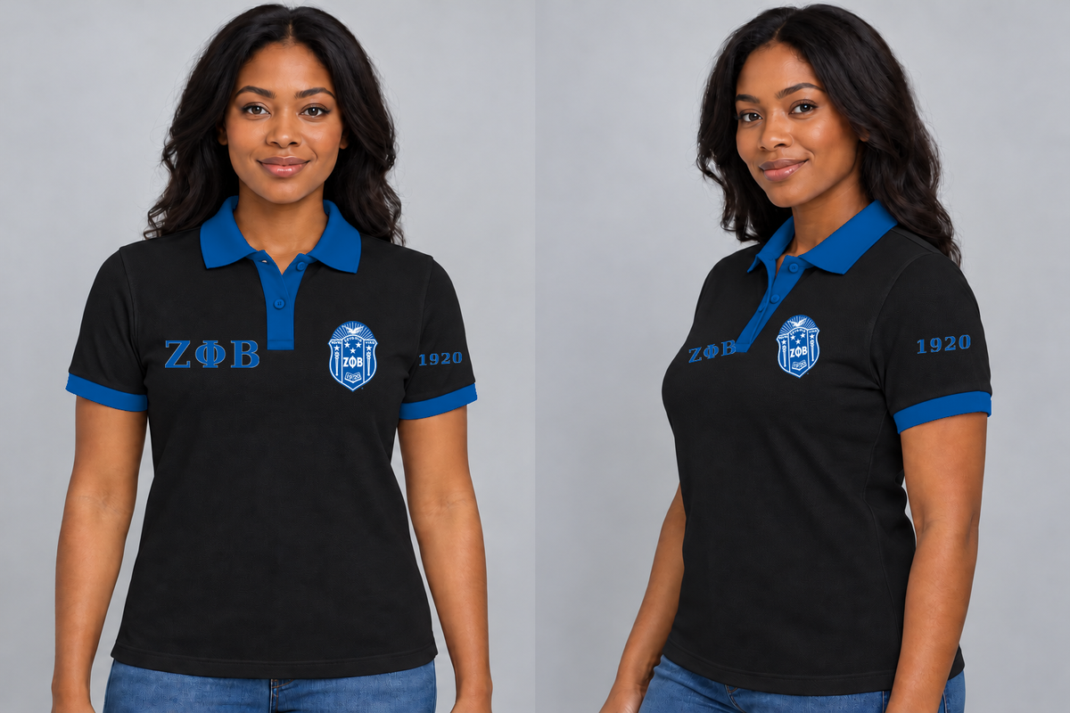 Zeta Phi Beta premium embroidered black solid contrast trim polo on model - front and side